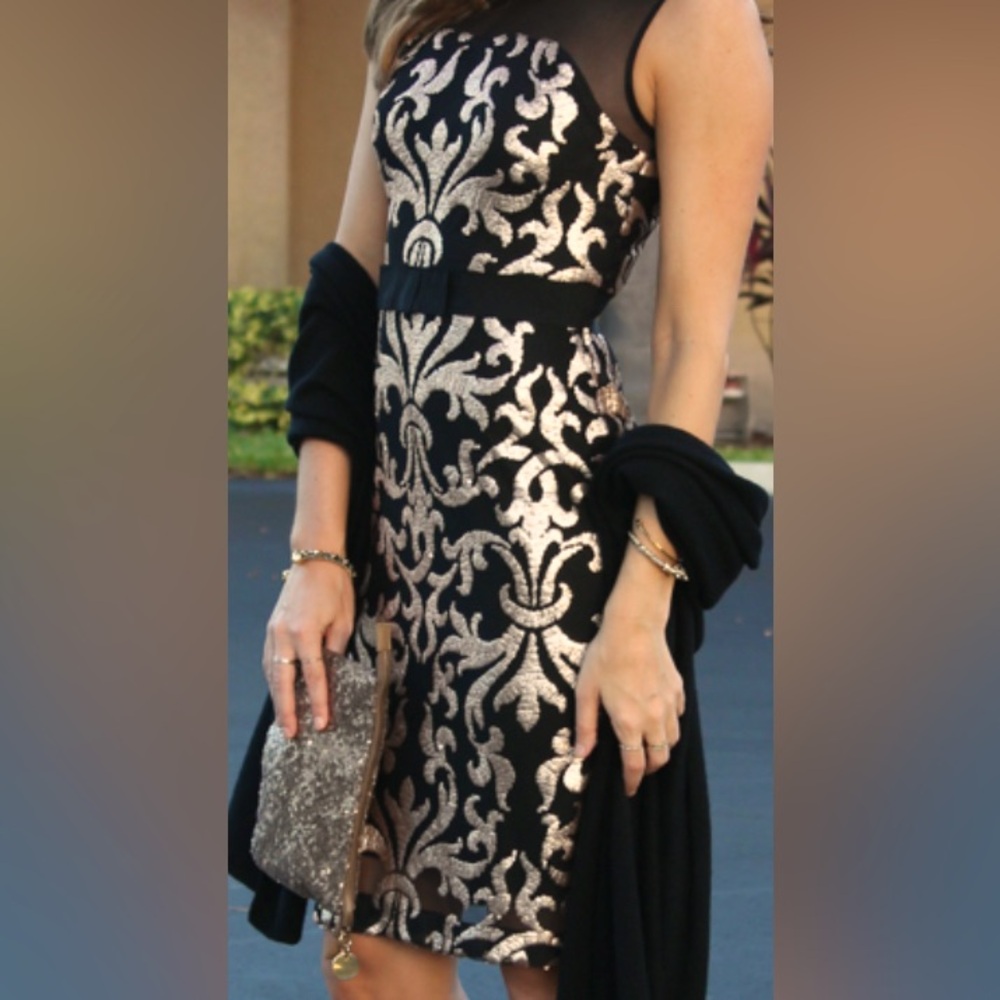 The Limited Gold Sequin Baroque Sheer Mesh Bodycon Cocktail Evening Mini Dress 0